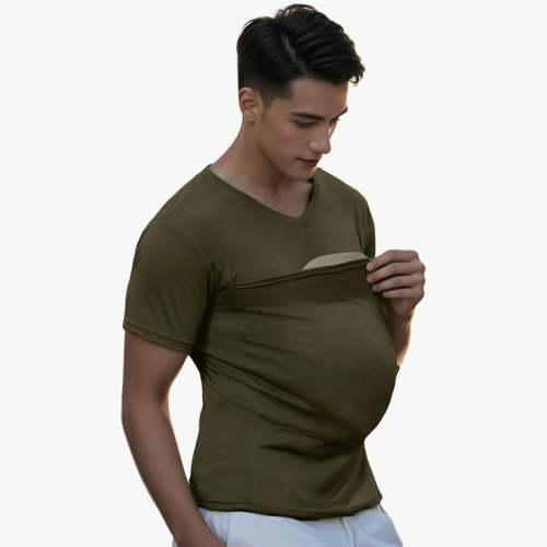 Mens Baby Carrier Shirt V Neck Short Sleeve T-Shirts for Men Skin to Skin T-Shirt with Pocket