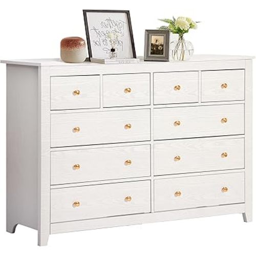 TITIMO 10 Drawer Dresser for Bedroom,Wood Chest of Drawers with Smooth Metal Rail,Large Dressers,Modern Bedroom Dressers with 10 Drawers Cabinet TV Stand (White)