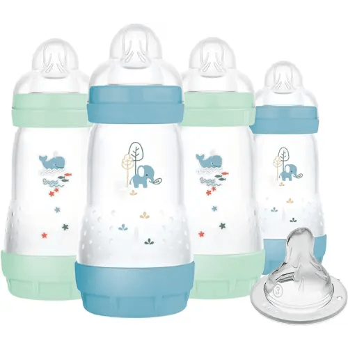 MAM 9oz Easy Start Anti-Colic Baby Bottles, Medium Flow with Bonus Fast Flow Nipple, Breastfeeding-Like Silicone, Reduces Colic and Gas, Easy-to-Clean, BPA-Free, 2 Plus Months