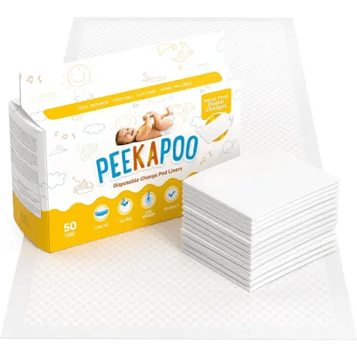 Peekapoo - Disposable Changing Pad Liners (50 Pack) Super Soft, Ultra Absorbent & Waterproof - Covers Any Surface for Mess Free Baby Diaper Changes