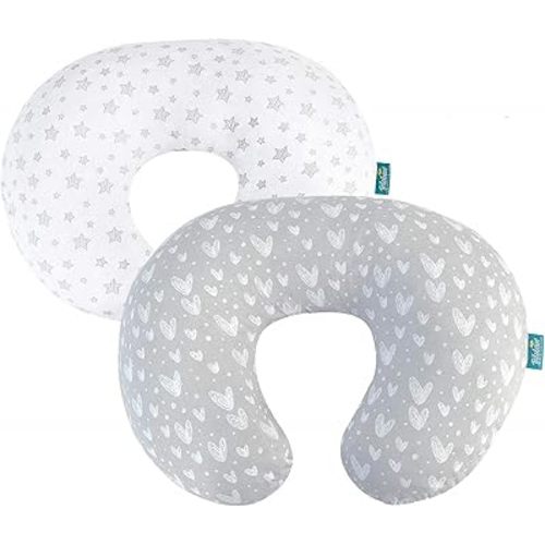 Nursing Pillow Cover 2 Pack Compatible with Boppy Pillow, 100% Jersey Cotton with Large Zipper Super Soft & Breathable & Skin Friendly for Moms/Kids, Grey & White