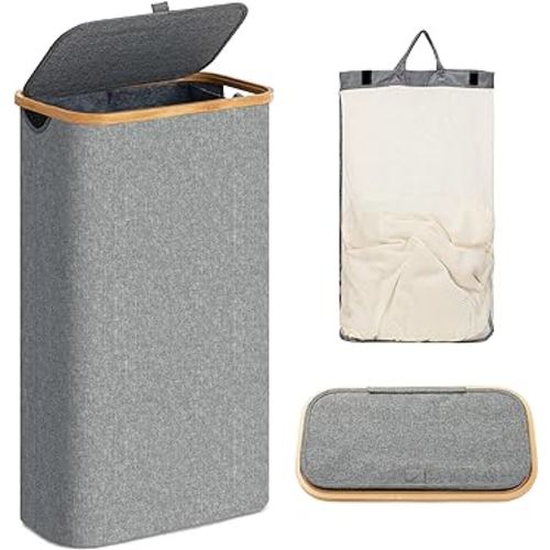 UBBCARE Laundry Hamper with Lid, 60L Slim Laundry Hamper with Removable Bag, Collapsible Dirty Clothes Basket for Bedroom, Bathroom, Laundry Room, Dorm, Grey…