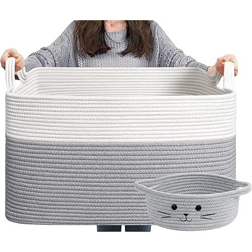 Goodpick Toy Baskets, Large Basket Blanket Storage for Living Room, Baskets for Gifts Empty, Nursery Laundry Basket for Dirty Clothes Pillows Towel, 21.6" x 14.9" x 11.8", White & Grey