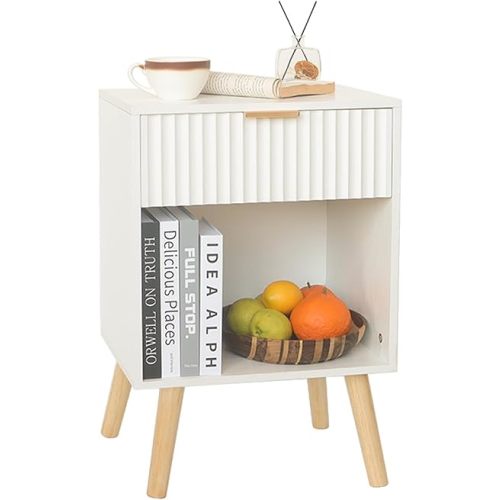White Nightstand, Modern Bedside Table with Drawer and Opening Storage, Fluted End Side Table Living Room with Solid Wood Legs for Bedroom (White)