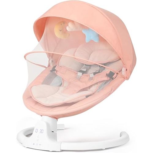 Baby Swing for Infants, Baby Rocker with 5 Speed, Infant Swing with 10 Preset Lullabies. 5 Point Harness with Remote Control and 3 Hanging Toys, Pink