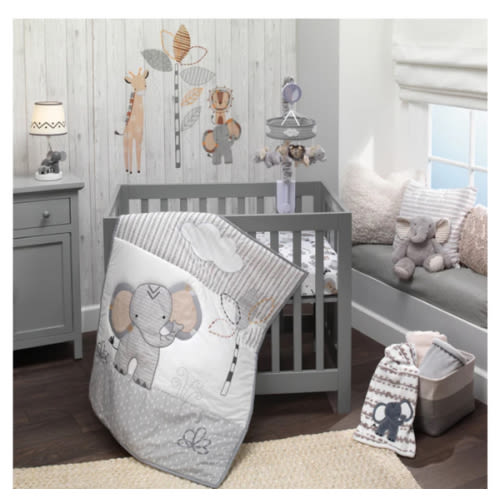 Jungle Safari Elephant 3-Piece Mini Crib Bedding Set - Gray/White – Lambs & Ivy