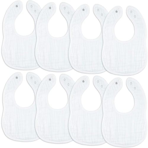 Comfy Cubs Muslin Baby Bibs, Drool Bibs, 100% Cotton Adjustable with Easy Snaps, Teething & Drooling, Soft & Absorbent - White - Pack of 8