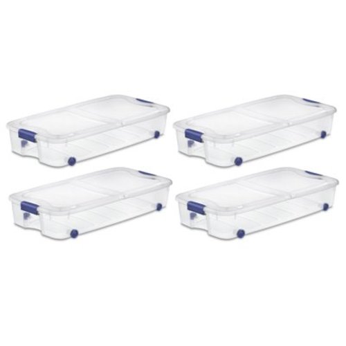 Sterilite Large Storage Bin, 66 Quart Clear Underbed Storage Container with Latch Lid and Wheels, Blue, Pack of 4