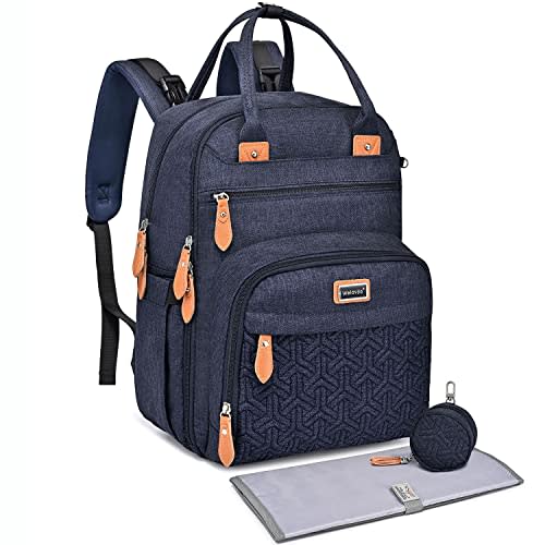 Diaper Bag Backpack, Unisex Baby Bags with Changing pad, Insulated Pockets & Pacifier Holder for Boys Girls, WELAVILA Large Multifunction Travel Back Pack for Mom & Dad, Navy Blue