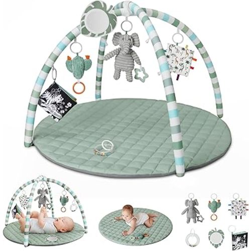 Blissful Diary Baby Play Gym Mat, Tummy Time Mat with 6 Detachable Toys for Stage-Based Sensory & Motor Skill Development, Baby Activity Mat Easy to Install & Clean, Baby Essentials Gift, Sage Green