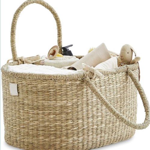 BEBE BASK Premium Baby Diaper Caddy Organizer - Artisan-Made Seagrass Basket With Cotton Divider - Award-Winning & Luxury Diaper Caddy Basket (ROSA)