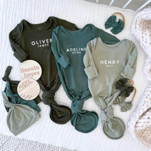Personalized Bamboo Newborn Baby Knot Gown & Hat | Garden Greens - Block
