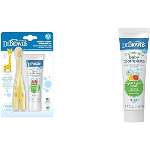 Dr. Brown's Infant-to-Toddler Training Toothbrush Set with Fluoride-Free Baby Toothpaste & Fluoride-Free Baby Toothpaste, Safe to Swallow, Apple Pear, 1-Pack, 1.4oz/40g, 0-3 years