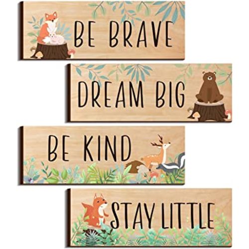 4 Pieces Woodland Nursery Decor Safari wall art Be kind brave curious Cute Jungle Animal Nursery Decor for Bedroom living room home 11x 3.9 Inches(Cute Animals,Light Brown Background)