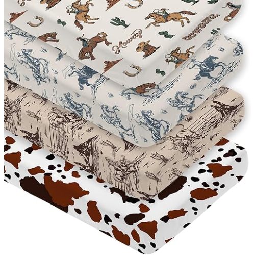 4 Pack Western Cowboy Crib Sheet Set for Boys or Girls, Neutral Soft Breathable Fitted Crib Sheet, Western Nursery Decor for Standard Crib and Toddler Bed Mattresses 28 x 52 in