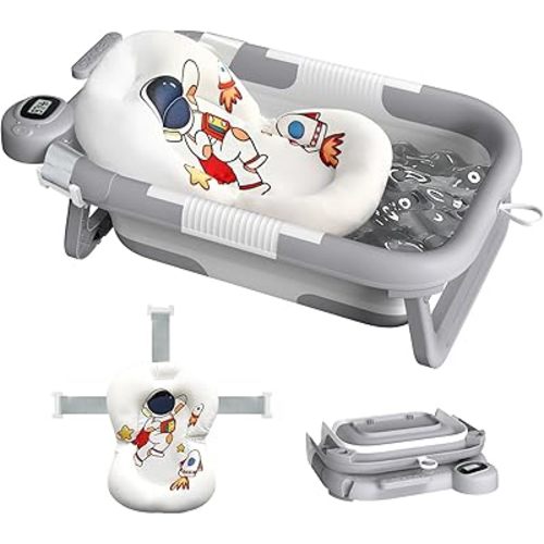 Collapsible Baby Bathtub for Newborn to Toddler (0-24 Months), Portable Baby Bath Tub for Travel, Newborn Bathtub with Soft and Supportive Cushion (Astronaut-Gray)