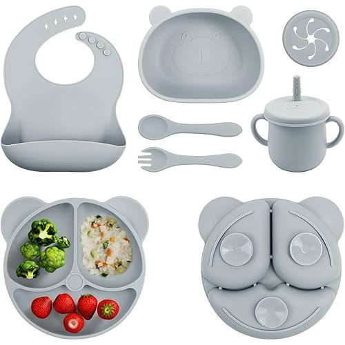 Baby Led Weaning Supplie，Silicone Baby Feeding Set with Suction Plate and Bowl，Toddler Self Feeding Essentials with Spoons Forks Bib Sippy Cup，Eating Utensils for 6+ Months (10 Pcs)