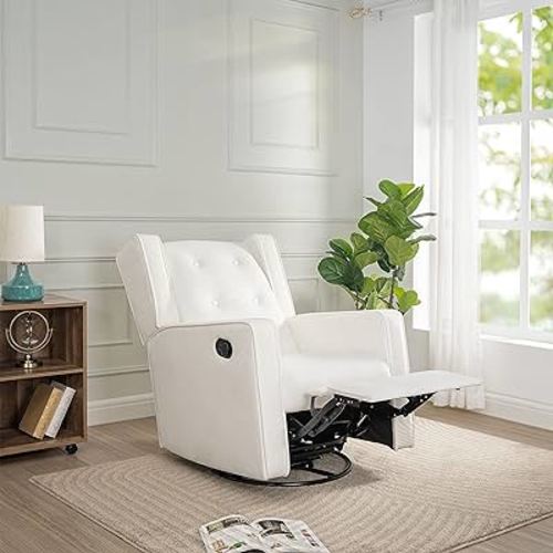 Relieve Muscle Aches with Nursery Glider, Upholstered Rocker Recliner Rocking Breastfeeding Maternity Chair with 360° Swivel, Soft Cushions for Nursing and Bonding, Reclining Chair - Bright White