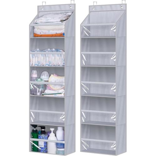 AOODA 2 Pack Over the Door Organizer, Large Capacity Closet Door Hanging Organizer, Clear Deep Pockets Baby Organizer Storage for Nursery, Bathroom, Bedroom, Pantry, Diapers (Grey)