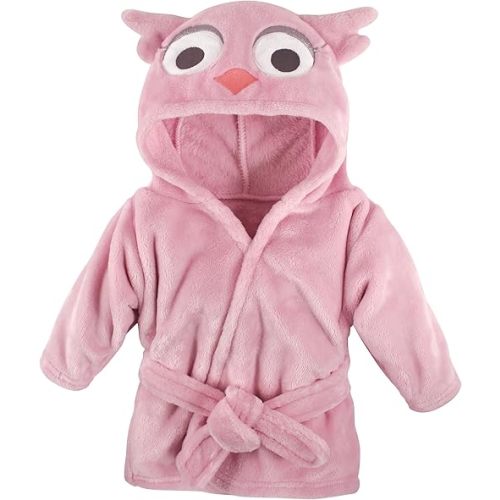 Hudson Baby Unisex Baby Plush Animal Face Bathrobe, Pink Owl, 0-9 Months