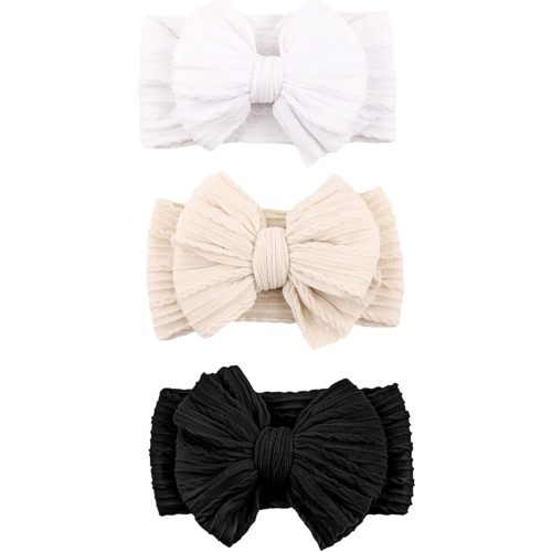 Baby Bows Headbands Nylon Hairbands Baby Girl Bows Hair Accessories for Infant Toddler Essentials(Black White Beige, mid)