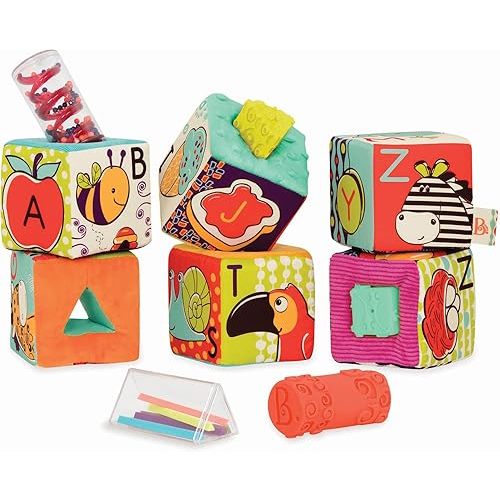 B. Toys Soft Fabric Building Blocks for Toddlers - Educational Alphabet Blocks with Textured Shapes - Stack & Play ABC Blocks for 6 Months+