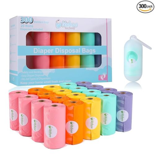 Diaper Bags Disposable for Baby, 20 Refill Rolls/300 Bags Waste Bags with Dispenser, Convenient and Quick Diaper Disposal, Rainbow