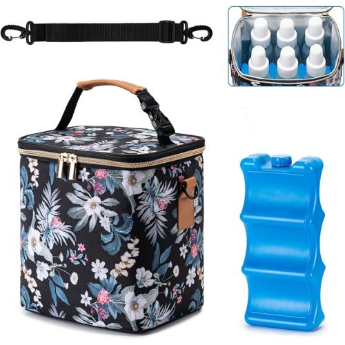 Breastmilk Cooler Bag with Ice Pack Fits 6 Baby Bottles Up to 9 Ounce, Baby Bottle Bag with Shoulder Strap for Nursing Mom Daycare, Floral