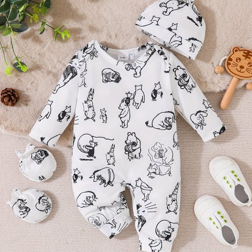 Infant Cartoon Bear Eating Honey Print Romper with Matching Gloves and Hat, Casual Knit Polyester 95% Spandex 5% Fabric, Regular Fit for Fall/Winter, for Outdoor