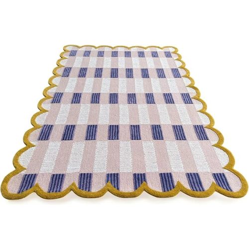 Matilda Goad Plaid Scallop Wool Hand Tufted Area Rug, Luxurious Designer, Anro Irregular, for Bedroom, Living Room or Hallway (Pastel Pink, 5x8)