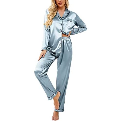 Ekouaer Women's Classic Button Down Long Satin Silk Pajama Set