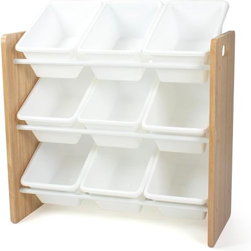 Humble Crew 9-Bin Toy Organizer – Journey Natural Wood with White Plastic Bins, 3-Tier Storage Solution for Kids' Playrooms and Nurseries