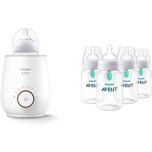Philips Avent Baby Bottle Warming Bundle with Anti-Colic Baby Bottle with AirFree Vent, 9 Ounce, 4 Pack + Fast Baby Bottle Warmer