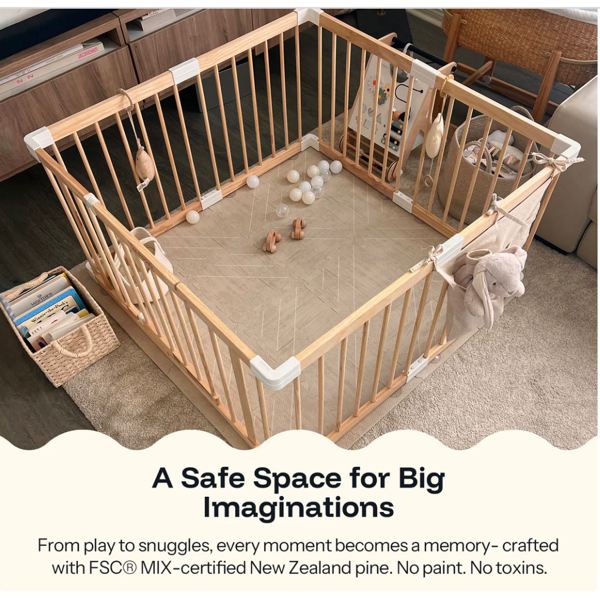 HARPPA Wooden Baby Gate Playpen | Non-Toxic Foldable DIY Adjustable Play Yard for Infants & Toddlers – Natural Finish Baby Fence for Small & Large Spaces