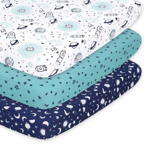 The Peanutshell Mini Crib, Playard Sheets, 3 Pack, Space | Blue, Teal