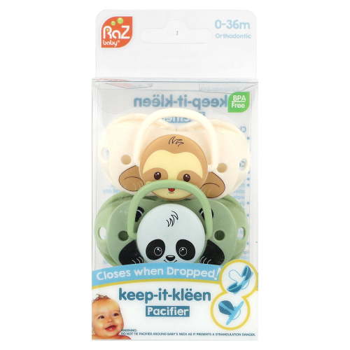 RaZbaby Keep-it-Kleen Pacifier 0-36m (2-Pack), Closes Automatically When Dropped | Sloth/Panda
