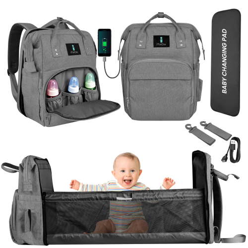 ITACIA Baby Diaper Bag Backpack With Changing Station Waterproof Baby Bag, Grey