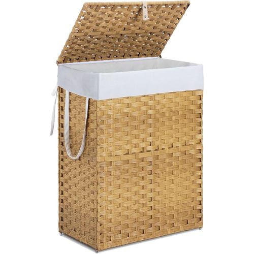 DUMOS Woven Laundry Basket with Lid, 90L Large Capacity Hamper, Removable & Machine-Washable Liner, Foldable Rattan Clothes Hamper, Sturdy Steel Frame, Odor Control, Goose Yellow