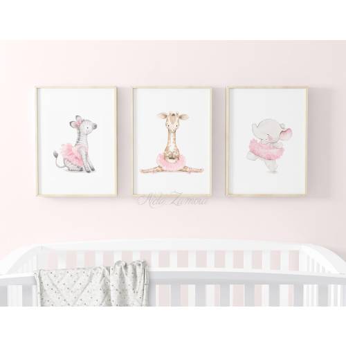 SET of three Girl's Art "SAFARI BALLET" Nursery Girl Print, Pink nursery wall art, Ballerinas art, Giraffe ballerina, Elephant, Aida