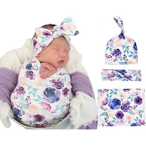 Newborn Swaddle Blanket Headband Hat Set Baby Girl Print Receiving Blanket New Born Hospital Outfit Infant Shower Gift 0-3 Months