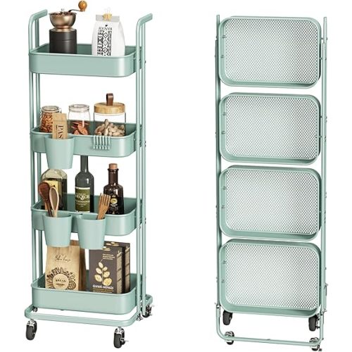 DTK 4 Tier Foldable Rolling Cart, Metal Utility Cart with Lockable Wheels, Folding Storage Trolley for Living Room, Kitchen, Bathroom, Bedroom and Office, Green