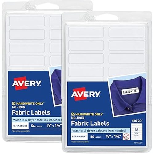 Avery No-Iron Fabric Labels, 1/2" x 1-3/4", Washer and Dryer-Safe, White, Non-Printable, 54 Labels Per Pack, 108 Total (2-Pack of 40720)