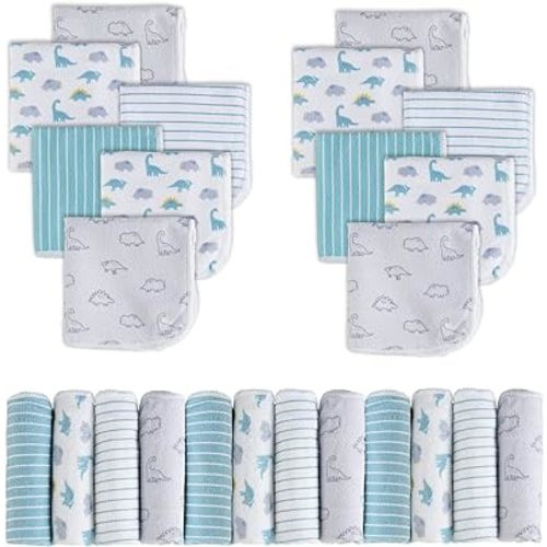 Viviland Baby Washcloths, Super Soft Baby Towels Care for Baby's Sensitive Skin, 24 Pack Kids Body Wash Face Cloth for Baby Boy/Girl, Bath Towel for Newborn and Infants, Dinosaur Pattern 9 x 9 inch