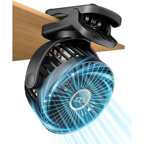 Portable Mini Fan Rechargeable Battery Powered, Small Stroller Fan for Desk, Strong Clamp Grip, 360° Rotation, 3-Speed, LED Display, Personal Clip On Cooler for Bed, Golf Cart, Office, Black