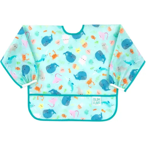 Bumkins Bibs, Baby and Toddler Girls and Boys 6-24 Months, Long Sleeve, Essential Must Have for Eating, Feeding, Mess Saving Lightweight Waterproof Fabric Sleeved Smock, Ocean Life