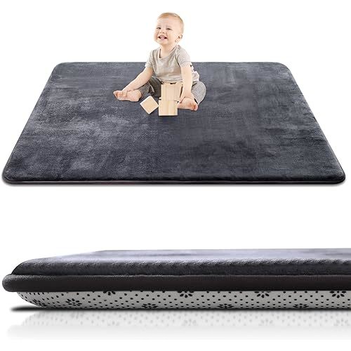 Thick Baby Play Mat for Floor,50 x 50 Playpen Mat,Tummy Time Foam Mat,Ultra Soft Support & Plush Feel,Easy Care with Non-Slip Cushioned for Infant,Kids and Toddler Crawling, Dark Grey