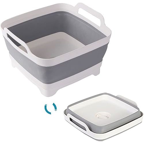 Collapsible Dish Tub Folding Laundry Tub Washing Basin Camping Dish Washing tub Portative Wash Dish Basin for RV Sink, Vegetable, Fruit, Food Sink with Drain Plug Carry Handles Large Capacity 9L…