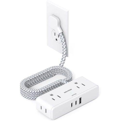 Flat Extension Cord 6 feet, Flat Plug Power Strip, 4 Widely Outlets with 3 USB Ports (2 USB C), 3 Side Outlet Extender with Extension Cord with Multiple Outlets for Home, Office, Dorm Room Essentials