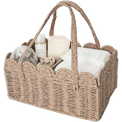 Diaper Caddy Organizer, Paper Rope Storage Baskets Nursery Bin with Removable Divider, Woven Scalloped Portable Car Organizer for Diapers, Baby Shower Gifts, Newborn Essentials Must Haves (Beige)