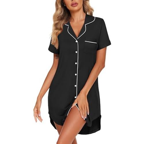 Ekouaer Womens Nightgown Button Down Sleepshirts Short Sleeve Sleepwear Boyfriend Nightshirts Pajama Dress